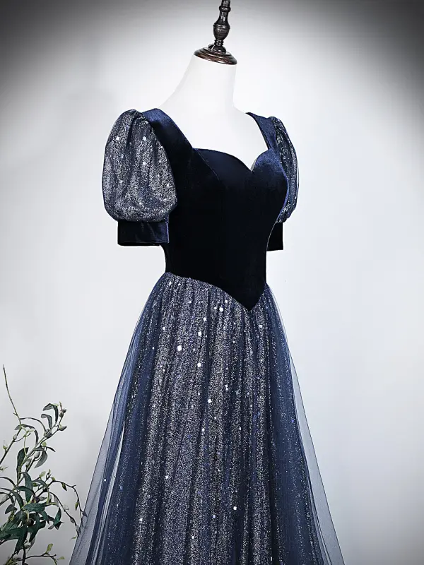 Vintage / Retro Navy Blue Sequins Prom Dresses 2026 A-Line / Princess Square Neckline Short Sleeve Backless