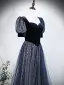 Vintage / Retro Navy Blue Sequins Prom Dresses 2026 A-Line / Princess Square Neckline Short Sleeve Backless