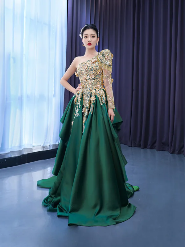 High-end Dark Green Beading Pearl Sequins Lace Flower Prom Dresses 2022 A-Line / Princess Satin One-Shoulder Long Sleeve Backless Sweep Train Prom