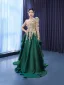 High-end Dark Green Beading Pearl Sequins Lace Flower Prom Dresses 2022 A-Line / Princess Satin One-Shoulder Long Sleeve Backless Sweep Train Prom