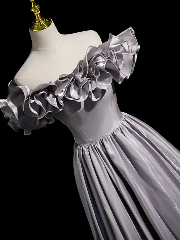 Chic / Beautiful Grey Satin Prom Dresses 2023 A-Line / Princess Ruffle Off-The-Shoulder Sleeveless Backless Floor-Length / Long Prom Formal Dresses