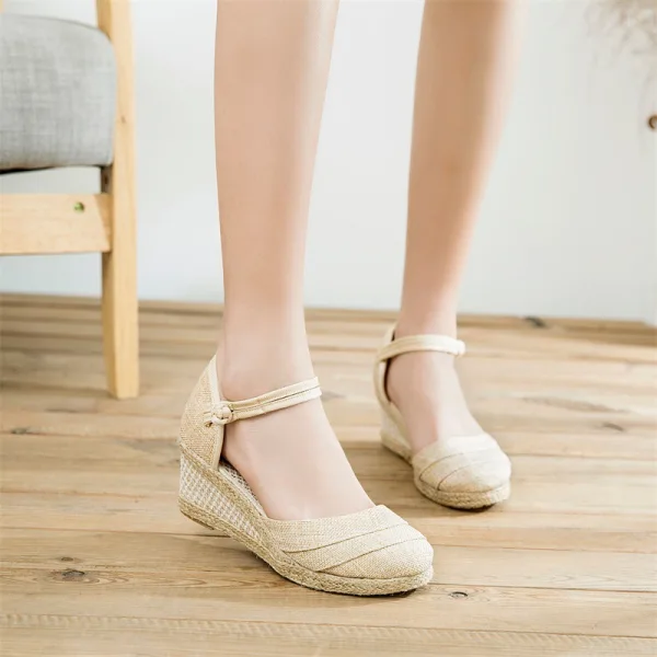 Modest / Simple Red Summer Street Wear Womens Sandals 2023 Ankle Strap 6 cm Wedges Round Toe Sandals