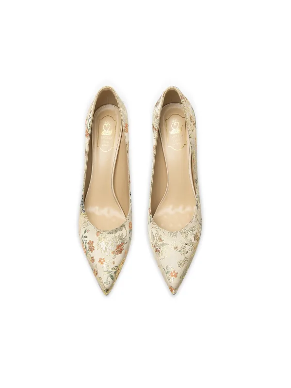 Chic / Beautiful Champagne Floral Embroidered Prom Pumps 2026 Leather 8 cm Stiletto Heels Pointed Toe Pumps High Heels