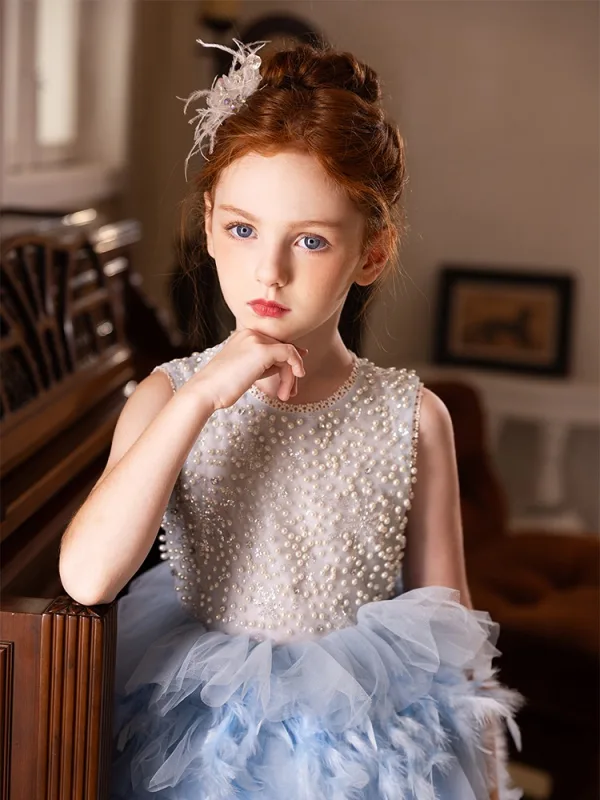 Fashion Sky Blue Pearl Appliques Birthday Flower Girl Dresses 2025 A-Line / Princess Scoop Neck Sleeveless Backless Floor-Length / Long