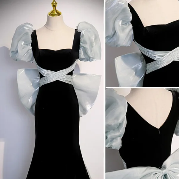 Fashion Black Suede Prom Dresses 2023 Trumpet / Mermaid Square Neckline Puffy Short Sleeve Backless Bow Sweep Train Prom Formal Dresses