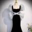 Fashion Black Suede Prom Dresses 2023 Trumpet / Mermaid Square Neckline Puffy Short Sleeve Backless Bow Sweep Train Prom Formal Dresses