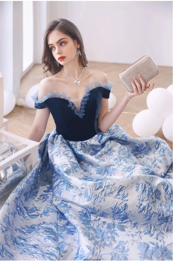 Elegant Ocean Blue Glitter Suede Prom Dresses 2022 Satin Ball Gown Off-The-Shoulder Short Sleeve Backless Floor-Length / Long Formal Dresses