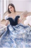 Elegant Ocean Blue Glitter Suede Prom Dresses 2022 Satin Ball Gown Off-The-Shoulder Short Sleeve Backless Floor-Length / Long Formal Dresses