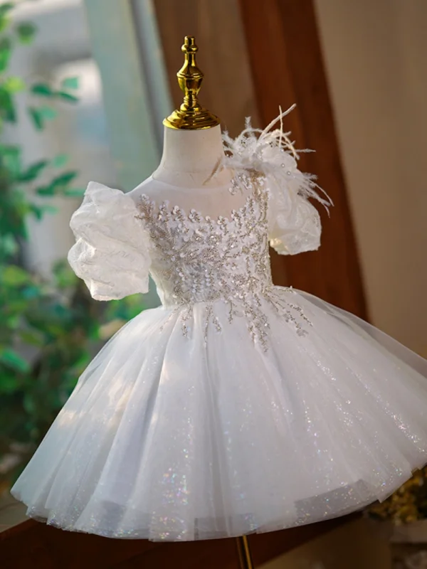 Fashion White Beading Sequins Tassel Short Birthday Flower Girl Dresses 2023 Ball Gown Scoop Neck Puffy Short Sleeve