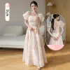 Chic / Beautiful Blushing Pink Bow Printing Bridesmaid Dresses 2023 A-Line / Princess Short Sleeve Backless Floor-Length / Long Bridesmaid Dresses