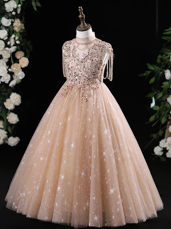 Bling Bling Champagne Beading Sequins Birthday Flower Girl Dresses 2024 A-Line / Princess High Neck Sleeveless Floor-Length / Long