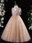 Bling Bling Champagne Beading Sequins Birthday Flower Girl Dresses 2024 A-Line / Princess High Neck Sleeveless Floor-Length / Long