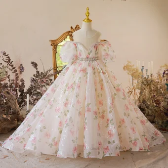 Chic Belle Blanche Floral Promo Robe Ceremonie Fille 2022 Robe Boule Encolure Dégagée Perle Faux Diamant Gonflée Manches Courtes Dos Nu Tribunal Train Robe Ceremonie Fille
