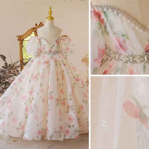 Chic / Beautiful White Floral Prom Flower Girl Dresses 2022 Ball Gown Scoop Neck Pearl Rhinestone Puffy Short Sleeve Backless Court Train Flower Girl Dresses