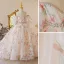 Chic / Beautiful White Floral Prom Flower Girl Dresses 2022 Ball Gown Scoop Neck Pearl Rhinestone Puffy Short Sleeve Backless Court Train Flower Girl Dresses