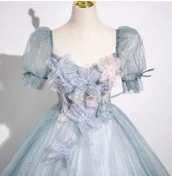 Elegant Sky Blue Beading Appliques Prom Dresses A-Line / Princess 2025 Square Neckline Short Sleeve Backless Floor-Length / Long Prom Formal Dresses