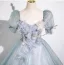 Elegant Sky Blue Beading Appliques Prom Dresses A-Line / Princess 2025 Square Neckline Short Sleeve Backless Floor-Length / Long Prom Formal Dresses