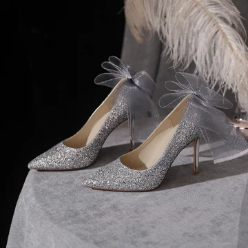 Glittrande Silver Paljetter Rosett Brudskor 2022 10 Cm Stilettklackar Spetsiga Bröllop Pumps Högklackade