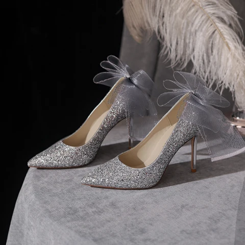 Sparkly Sølv Paljetter Sløyfe Brudesko 2022 10 cm Stiletthæler Spisse Bryllup Pumps Høyhælte