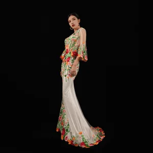 High End Multi Farger Brodert Blomst Selskapskjoler 2023 Trompet Havfrue V Hals 3 4 Ermer Feie Tog Aften Formelle Kjoler