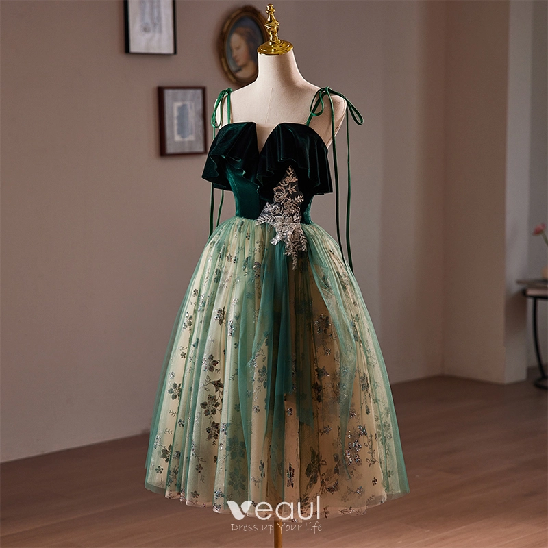Vintage Retro Dark Green Sequins Lace Flower Homecoming Graduation Dresses  2024 Spaghetti Straps Sleeveless Backless Tea Length Formal Dresses