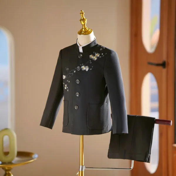 Chinesischer Stil Schwarz 3 Stück Stickerei Lange Ärmel Anzüge Jungs 2025 Mantel Hose Hemd Hochzeit