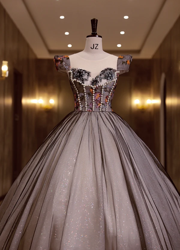 Élégant Noire Perle Paillettes En Dentelle Fleur Robe De Bal 2022 Robe Boule Encolure Dégagée Sans Manches Longue Robe De Ceremonie