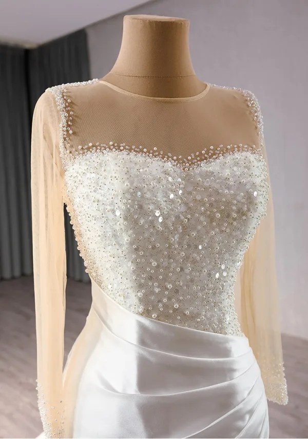 High-end Elegant White Pearl Sequins Satin Wedding Dresses 2024 Trumpet / Mermaid Scoop Neck Long Sleeve Floor-Length / Long Wedding