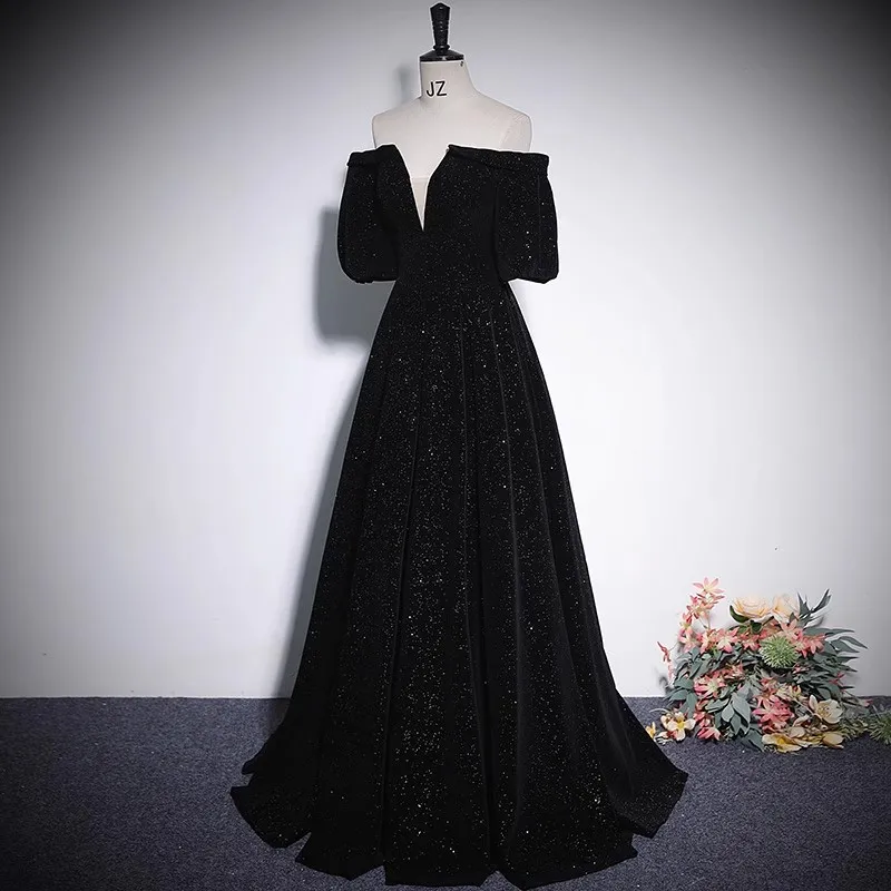 Audrey Hepburn Style Black Sequins Velvet Evening Dresses 2023 Off-The-Shoulder A-Line Audrey Hepburn Style Black Sequins Velvet Evening Dresses 2023 Off-The-Shoulder A-Line