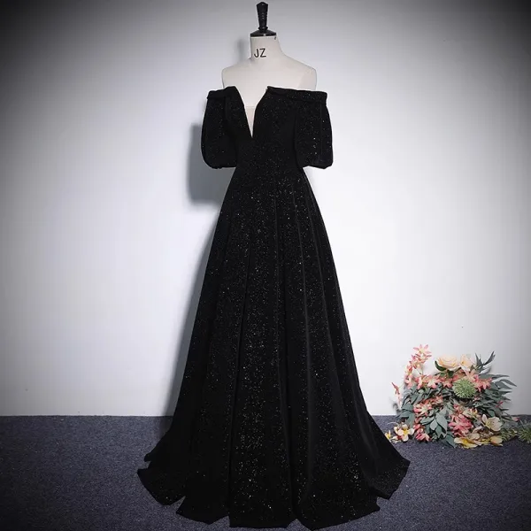Audrey Hepburn Style Black Sequins Velvet Evening Dresses 2023 Off-The-Shoulder A-Line / Princess Short Sleeve Backless Floor-Length / Long Evening Party Formal Dresses