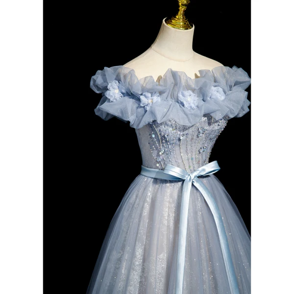 Chic / Belle Bleu Ciel Perlage Paillettes Appliques Robe De Bal 2023 Princesse De l'épaule Noeud Ceinture Sans Manches Dos Nu Longue Promo Robe De Ceremonie
