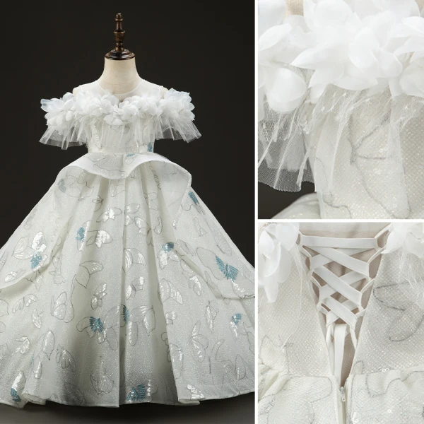 Classic White Birthday Flower Girl Dresses 2022 Ball Gown Scoop Neck Ruffle Short Sleeve Appliques Sequins Backless Sweep Train Flower Girl Dresses