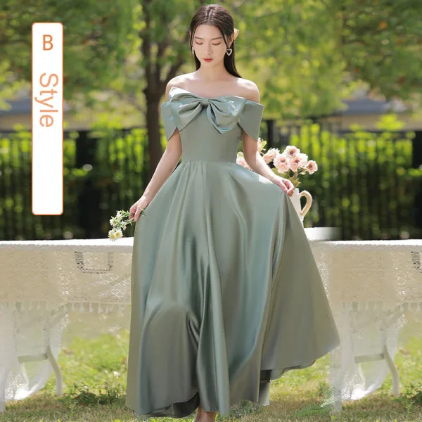 Simple Vert Cendré Satin Robe Demoiselle D'honneur 2022 Princesse Manches Courtes Dos Nu Noeud Longue Robe Demoiselle D'honneur