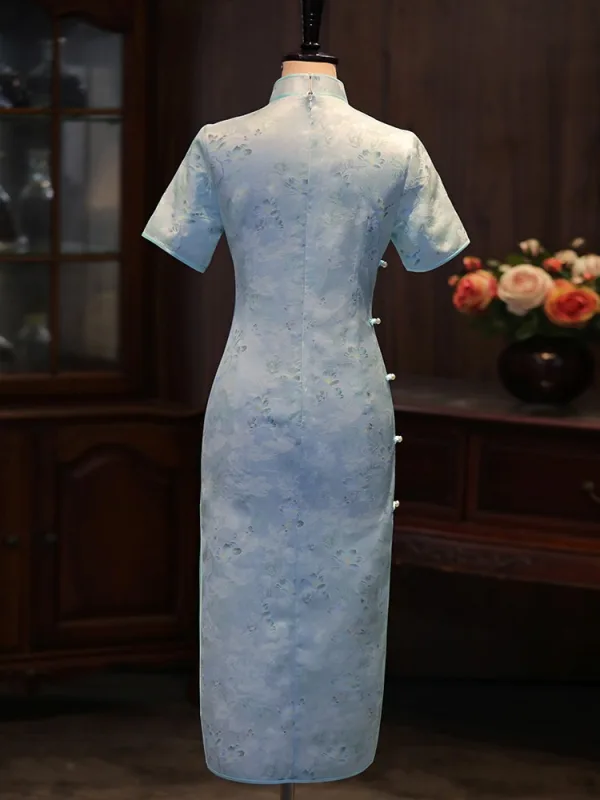 Chinese style Sky Blue Printing Tea-length Silk Cheongsam 2026 Trumpet / Mermaid High Neck Short Sleeve