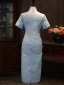 Chinese style Sky Blue Printing Tea-length Silk Cheongsam 2026 Trumpet / Mermaid High Neck Short Sleeve