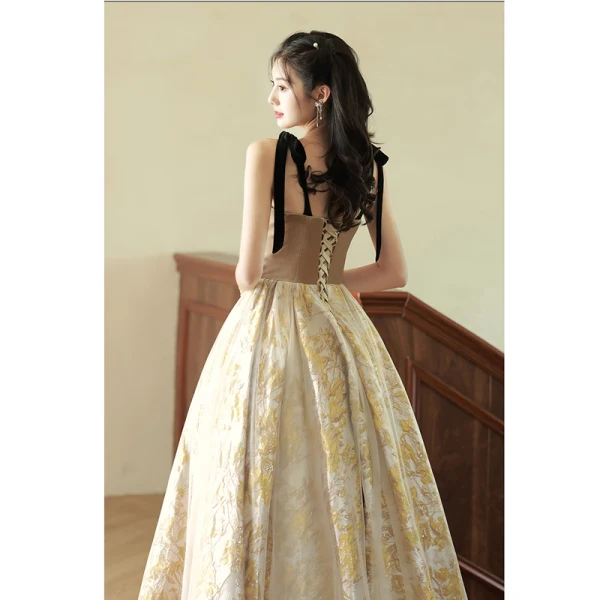 Chic / Beautiful Gold Pearl Tassel Evening Dresses 2023 A-Line / Princess Spaghetti Straps Sleeveless Backless Floor-Length / Long Evening Party Formal Dresses