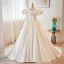 Elegant White Appliques Satin Wedding Dresses 2023 Ball Gown Scoop Neck Puffy Short Sleeve Backless Sweep Train Wedding