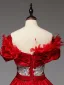 Elegant Red Appliques Sequins Satin Prom Dresses 2025 Ball Gown Off-The-Shoulder Short Sleeve Backless Bow Sash Floor-Length / Long Formal Dresses