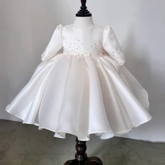 Hermoso Blanco Rebordear Perla Cortos Vestidos Para Niñas 2023 Ball Gown Cumpleaños Scoop Escote Manga Corta Bowknot