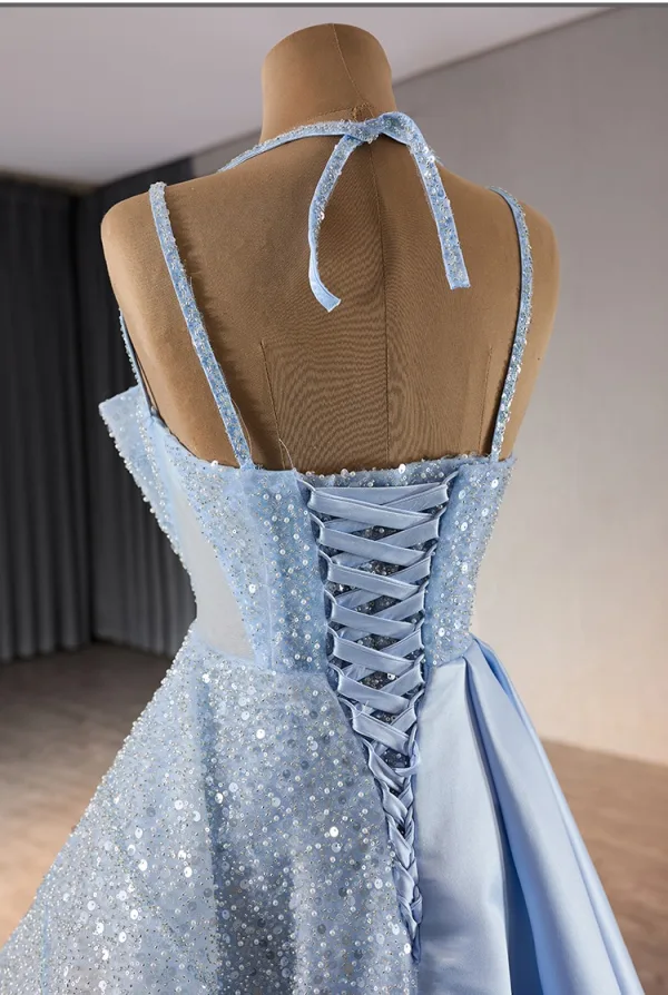 Fashion Sky Blue Beading Pearl Sequins Cascading Ruffles Prom Dresses 2024 Ball Gown Spaghetti Straps Sleeveless Backless Floor-Length / Long Prom Formal Dresses