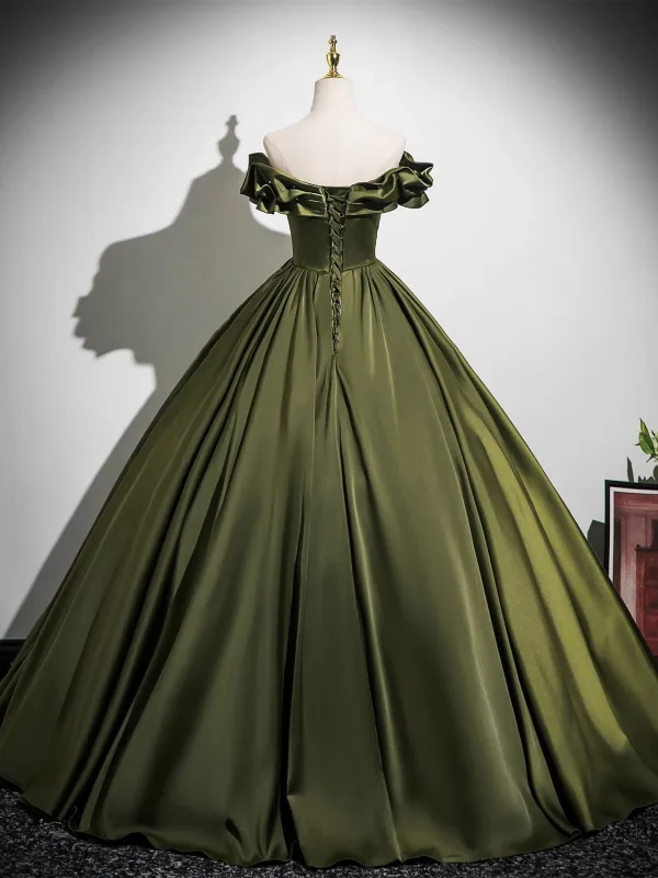 Vintage / Retro Dark Green Satin Prom Dresses 2025 Ball Gown Off-The-Shoulder Short Sleeve Backless Floor-Length / Long Formal Dresses
