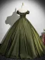 Vintage / Retro Dark Green Satin Prom Dresses 2025 Ball Gown Off-The-Shoulder Short Sleeve Backless Floor-Length / Long Formal Dresses