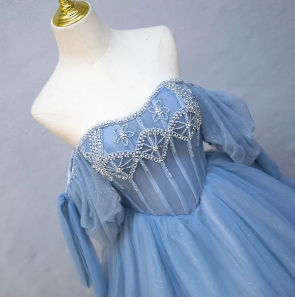 Elegant Beading Sky Blue Rhinestone Prom Dresses Ball Gown 2025 Backless Off-The-Shoulder Short Sleeve Floor-Length / Long Prom Formal Dresses