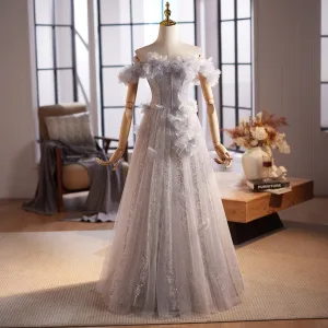 Chic Beautiful Grey Appliques Sequins Prom Dresses 2025 A Line Princess Off The Shoulder Sleeveless Backless Floor Length Long Formal Dresses