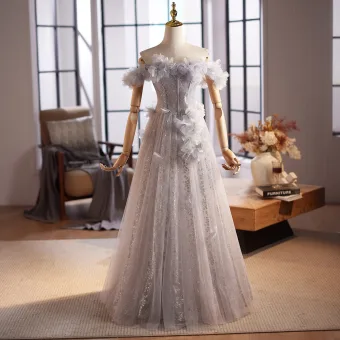 Chic Belle Gris Appliques Paillettes Robe De Bal 2025 Princesse De L Épaule Sans Manches Dos Nu Longue Robe De Ceremonie