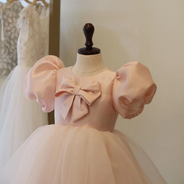 Lovely Candy Pink Short Birthday Flower Girl Dresses 2022 Ball Gown Scoop Neck Puffy Short Sleeve Bow Flower Girl Dresses