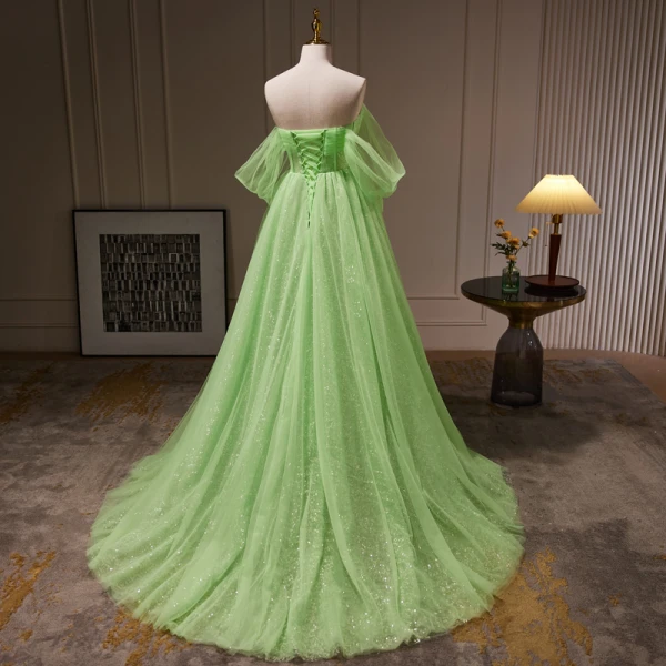 Schöne Salbeigrün Pailletten Strass Ballkleider 2023 A Linie Bandeau Ärmellos Rückenfreies Sweep / Pinsel Zug Ball Festliche Kleider