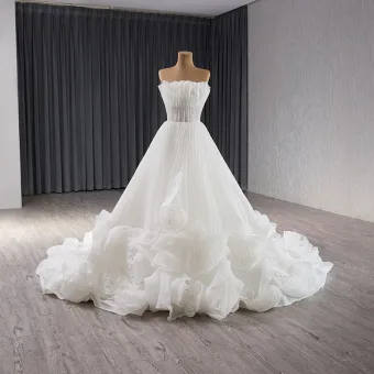 Gama Alta Blanco Flor Plisado Vestidos De Novia 2024 Ball Gown Sin Tirantes Sin Mangas Sin Espalda Cathedral Train Tul Boda
