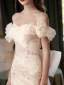 Charming Champagne Sequins Lace Flower Prom Dresses 2024 Trumpet / Mermaid Off-The-Shoulder Sleeveless Backless Bow Sweep Train Prom Formal Dresses