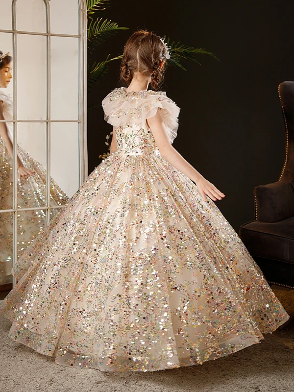 Bling Bling Multi-Colors Sequins Champagne Birthday Flower Girl Dresses 2024 Ball Gown V-Neck Sleeveless Floor-Length / Long